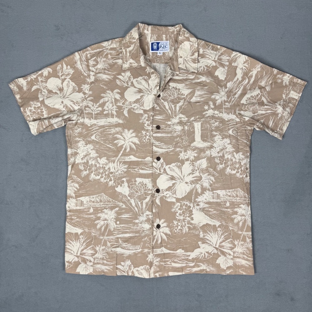 RJC‎ Mens Tan Hibiscus Diamond Head Hawaiian Aloha Shirt Large Made in Hawaii